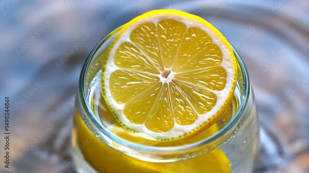 Poster close-up of refreshing lemon slice inside a glass of water with visible condensation adding a fresh 