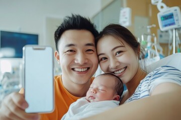  Happy family capturing first moments with newborn in hospital room, celebrating love and new beginnings