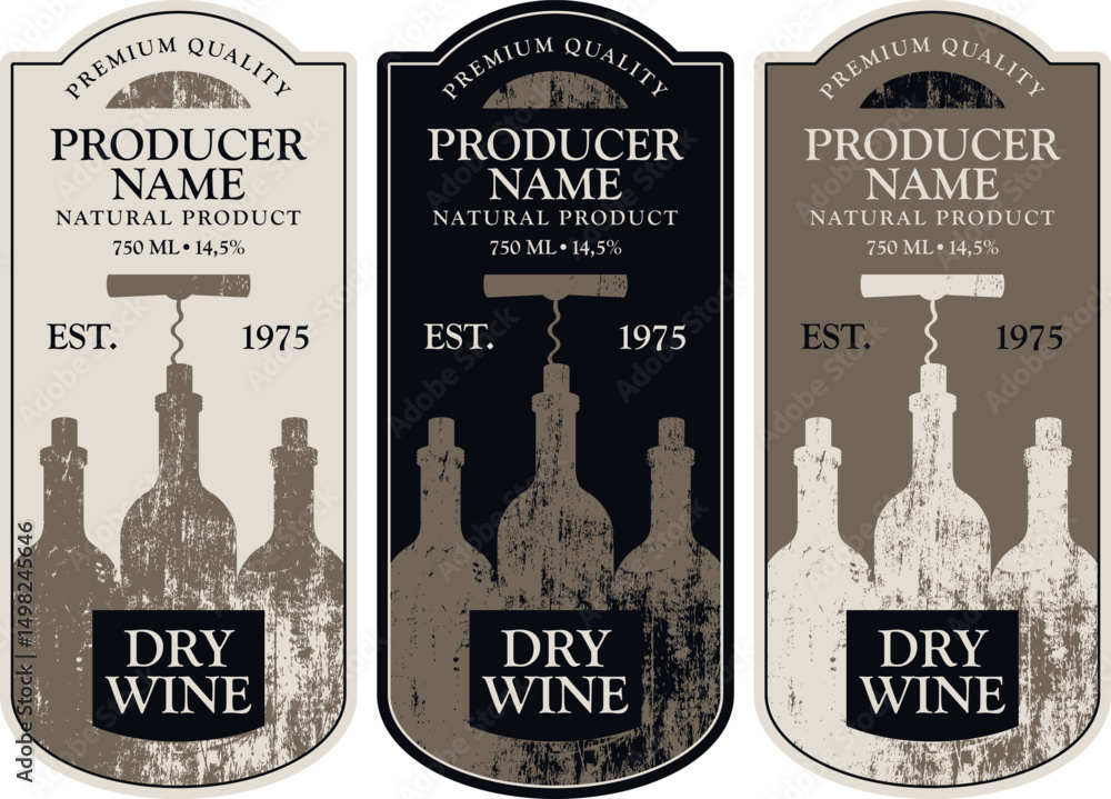 Poster set of vector wine labels with a bottle, a corkscrew and a calligraphic inscription premium quality 