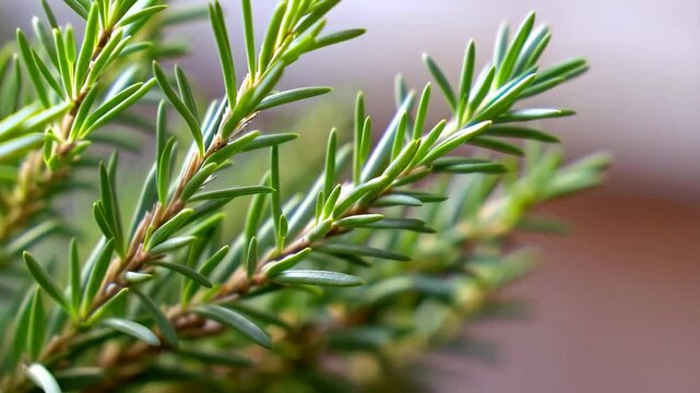 Close up of vibrant green Juniper needles on a branch with soft focus background showing depth of field and intricate botanical details.