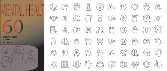 mental healt line editable icon set. Editable stroke. Vector illustration	
