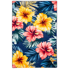 Tropical Beach Towel with Large Hibiscus and Palm Print Isolated on Transparent Background
