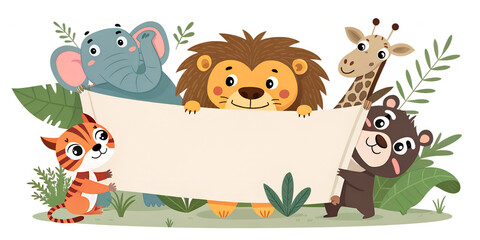 Delightful jungle friends gather to showcase an empty banner in a cheerful and colorful setting of lush greenery and vibrant wildlife Generative AI
