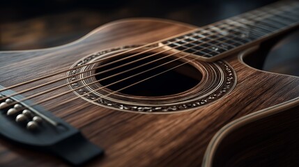 Obraz premium Melodic Wood Symphony: A close-up view of a beautifully crafted acoustic guitar, its wooden body radiating warmth and character, strings taut and ready to sing.