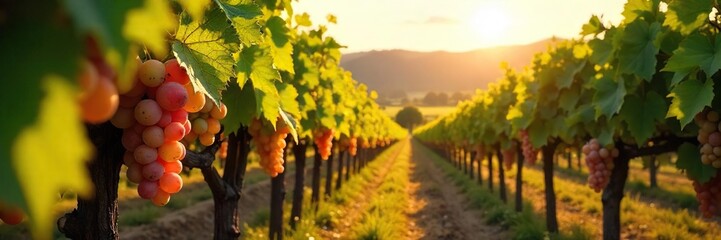 Fototapeta premium Sun-drenched rows of ripening grapes hang heavy on the vine, ready for harvest in a picturesque vineyard Golden sunlight bathes the landscape, promising a rich vintage , vintage, grapes