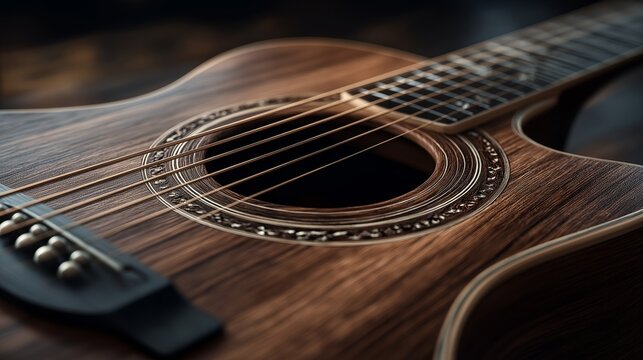 Melodic Wood Symphony: A close-up view of a beautifully crafted acoustic guitar, its wooden body radiating warmth and character, strings taut and ready to sing.