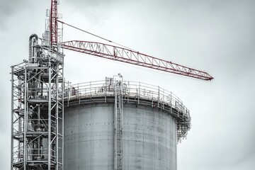 Industrial gas tank structure under a gray sky
