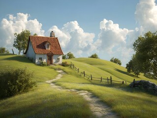 Obraz premium Enchanting Country Cottage Perched on Rolling Hillside Under Expansive Skies to Inspire Tranquil Getaway Dreams