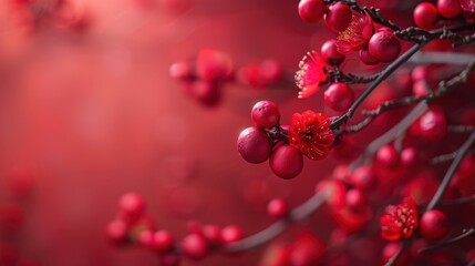 深紅の冬芽と花、ぼかし背景