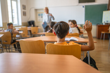 school kid raise hand to answer a question during a lesson