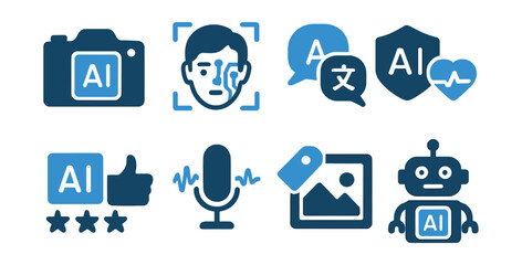 Two-Color vector icons of AI applications: smart camera, facial recognition, language translator, AI diagnosis. Recommendation engine, voice synthesis, auto-tagging, robot assistant.