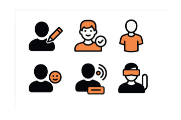 Two-Color vector icons of virtual identity: avatar customization, digital profile, virtual outfit, identity layer. Emotion display, presence icon, virtual name tag, VR selfie.