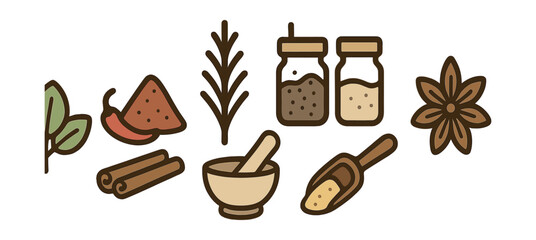 Outline with Fill vector icons of culinary herbs and spices: basil leaf, chili powder, cinnamon stick, rosemary sprig, spice jars, mortar and pestle, seasoning scoop, star anise.