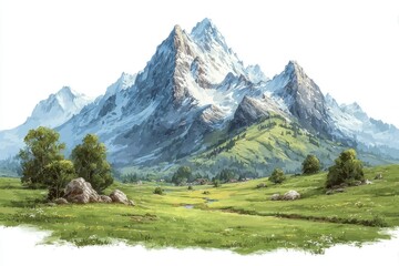 Majestic SnowCapped Peaks Overlooking a Lush Green Valley with Scattered Trees and Rocks