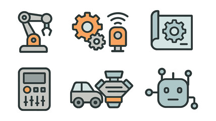 Outline with Fill icon set for robotics and mechanics: robotic arm, gear system, sensor icon, engineering blueprint, control panel, automated vehicle, motor engine, robot circuit.