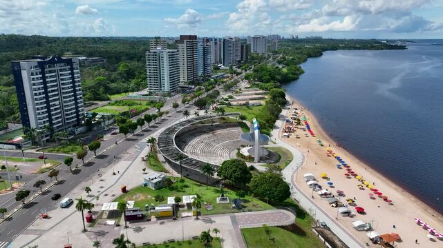 Ponta Negra Beach At Manaus Amazonas Brazil. Breathtaking Aerial View Of A Lush Tropical Coastline Scenery. Coast Horizon Seaside Summertime. Seaside Beach Scenic Coastline. Manaus Amazonas.