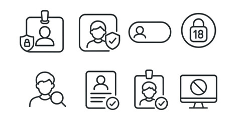 Line style icons of digital identity: parental control identity badge, child-safe identity profile, guardian permission toggle, age-locked access icon, teen account monitoring, identity consent