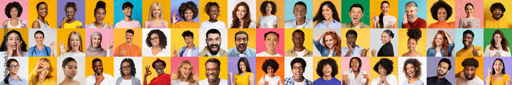 Poster featuring a vibrant collection of diverse faces, this collage highlights a joyful expression of conn