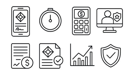 Line style icons of blockchain gaming: NFT rental agreement screen, rental duration meter, rental fee calculator, scholar system dashboard, lender profit tracker, asset return notice, rental earnings