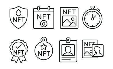 Line style icons of NFT galleries: curated drop event badge, featured drop calendar, collection premiere icon, countdown to drop timer, whitelist entry token, invite-only access badge, exclusive
