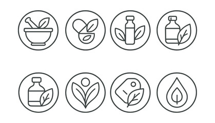 Line style icons of pharmacy (circular): herbal remedy icon, natural supplement badge, homeopathy vial ring, plant-based formula bubble, essential oils icon, holistic care label, organic medicine tag