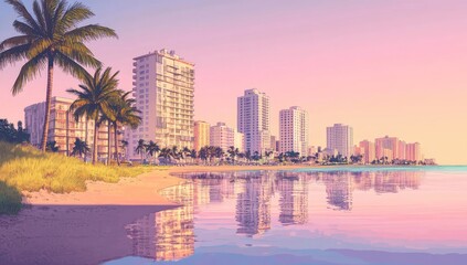 Serene sunrise over a coastal city with palm trees and tranquil ocean reflecting buildings