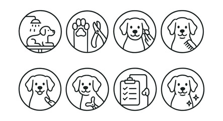 Line style icons of veterinary care (circular): pet grooming at clinic, nail trim badge, ear cleaning icon, fur brushing ring, sanitary trim bubble, hygiene checklist icon, grooming station badge,