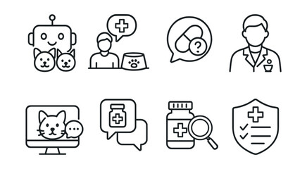 Line style icons of veterinary pharmacy: pharmacy chatbot for pets, prescription help desk, dosage question bubble, virtual vet pharmacist, online consultation icon, refill request chat, medicine
