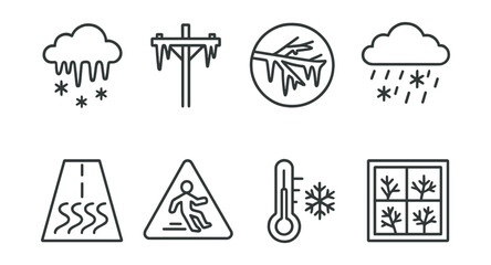 Line style icons of extreme weather: ice storm icon, icy powerline, frozen branch badge, sleet accumulation symbol, ice coating on road, slippery surface icon, cold damage tracker, frost on window.