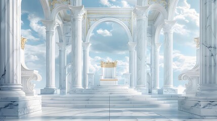 Fototapeta premium Golden Crown on Marble Throne in Celestial OpenAir Room