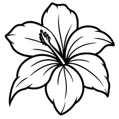 Black and white line art of a fully bloomed hibiscus with five wavy, veined petals, visible stamen, and three detailed leaves. Clean, botanical style for coloring book or tattoo