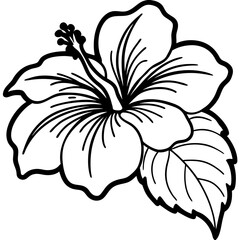 Black and white line art of a fully bloomed hibiscus with five wavy, veined petals, visible stamen, and three detailed leaves. Clean, botanical style for coloring book or tattoo