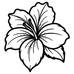 Black and white line art of a fully bloomed hibiscus with five wavy, veined petals, visible stamen, and three detailed leaves. Clean, botanical style for coloring book or tattoo