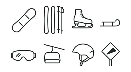 Line style icons of winter sports: snowboard, skis and poles, ice skate, sled, snow goggles, ski lift icon, snow helmet, slope sign.