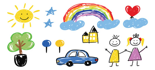 Children's drawing, hand-drawn with crayons, textured elements isolated on white background, highly detailed strokes. Child's doodles, drawing of kindergarten level. Scribbles vector graphic set 