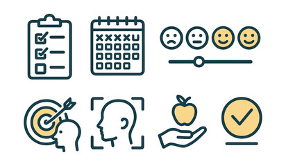Two-Color vector icons of wellness goals: goal checklist, habit tracker, daily planner, mood scale. Motivation icon, focus mode, healthy reward, goal completion.
