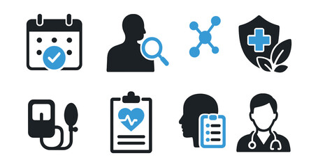Two-Color vector icons of preventive care: checkup calendar, health screening, early diagnosis, immune boost. Blood pressure icon, wellness test, symptom log, doctor visit.