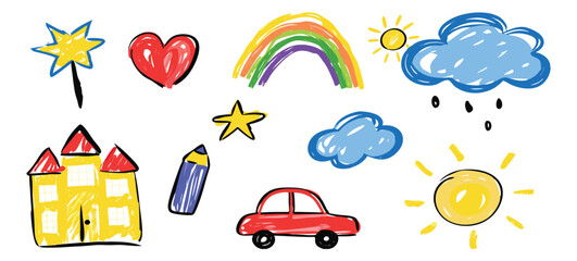Children's drawing, hand-drawn with crayons, textured elements isolated on white background, highly detailed strokes. Child's doodles, drawing of kindergarten level. Scribbles vector graphic set 