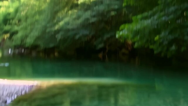 Slow current flows around rocks in shallow river, with green algae, in a summer landscape. Water is clear enough to see rocky riverbed.