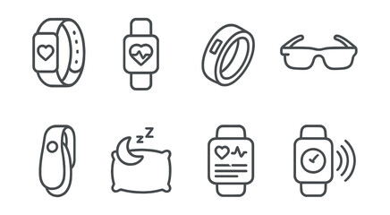 Line style icons of wearable technology: fitness band, health tracker icon, smart ring, AR glasses, clip-on sensor, sleep monitor, wearable dashboard, wireless sync.