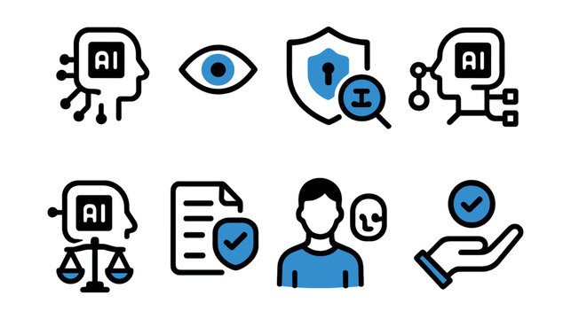 Two-Color vector icons of ethical AI: transparency icon, bias detection, privacy shield, explainable model. Fairness icon, ethical guidelines, user control, data consent.