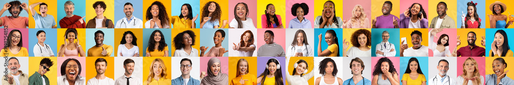 Poster a vibrant collage showcasing a diverse group of people smiling and engaging. individuals of differen