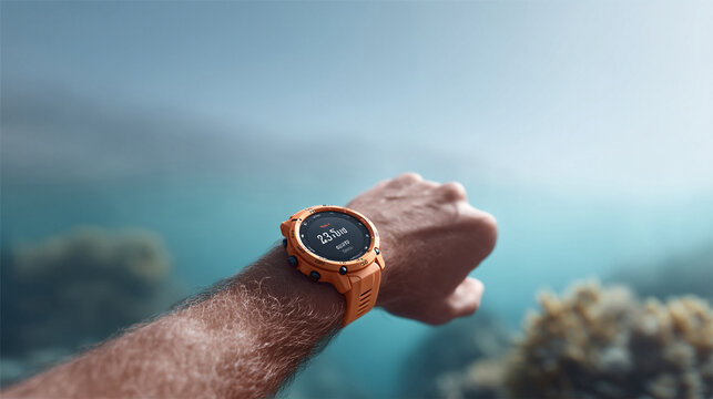 A rugged, orange smartwatch displays fitness data against a vibrant ocean backdrop. This image conveys adventure, technology, and a healthy active lifestyle.