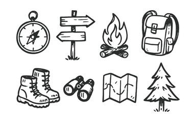 Naklejka premium Hand-drawn vector icons of forest adventure: compass, trail sign, campfire, backpack, hiking boots, binoculars, pocket map, pine tree.