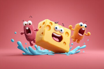 Colorful cartoon cheese character splashes in water with two excited creatures, creating a fun and playful atmosphere in a vibrant pink background scene