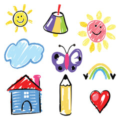 Children's drawing, hand-drawn with crayons, textured elements isolated on white background, highly detailed strokes. Child's doodles, drawing of kindergarten level. Scribbles vector graphic set 
