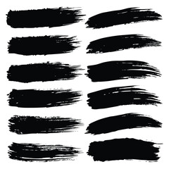 Paint brush stroke graphic set. Black and white Brush stroke isolated on white background, silhouettes in dirty style, spray effect, splashes, drops, paint drips. Vector graphic collection 
