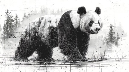 Striking artistic rendering of a giant panda walking gracefully with forest backdrop in a black and white image