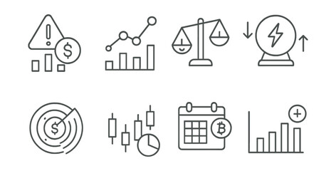 Fototapeta premium Line style icons of crypto forecasts: liquidation risk warning, funding rate trend, perpetual swap imbalance, short squeeze forecast, margin call radar, long/short ratio chart, futures expiry impact,