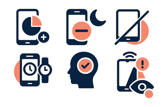 Two-Color vector icons of digital wellbeing: app limit icon, do not disturb mode, screen-free zone, tech-free time. Focus mode, usage alert, notification off, eye break.
